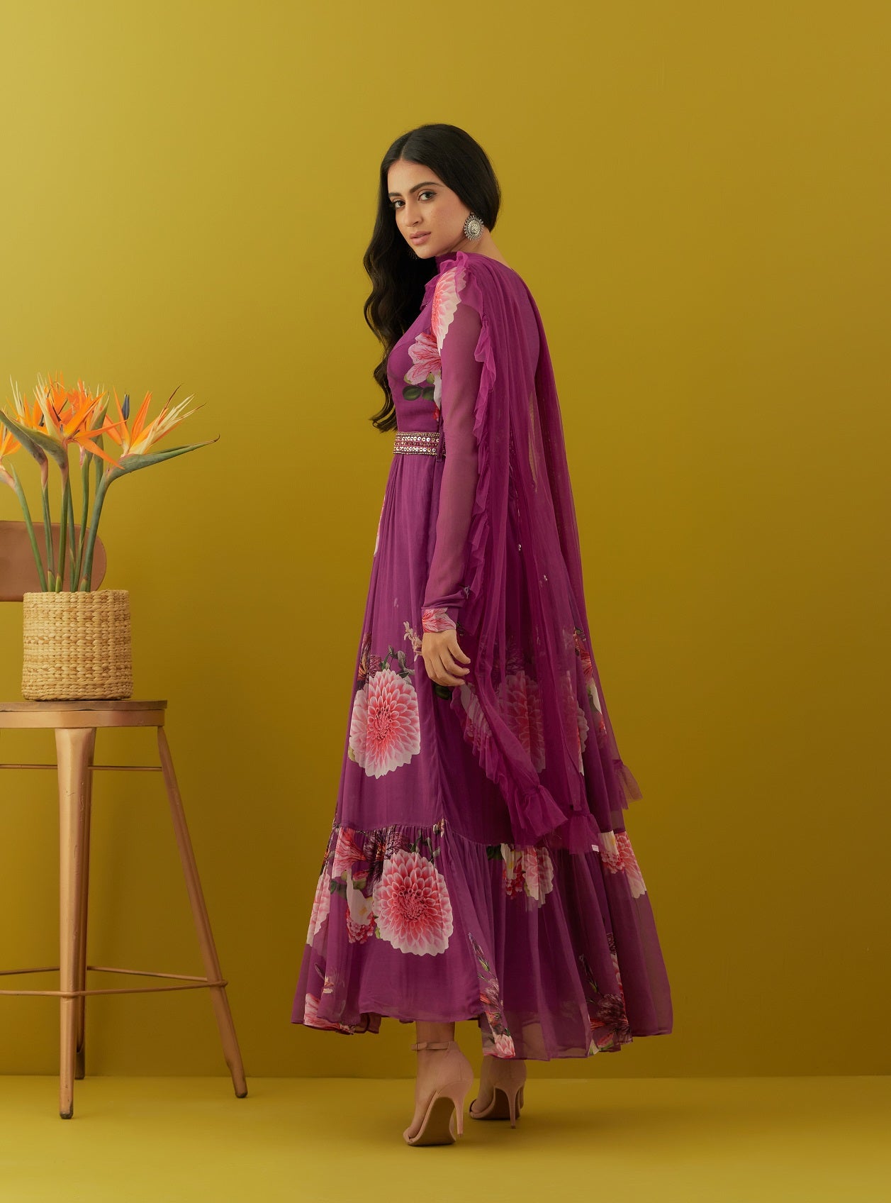 Buy beautiful purple floral georgette Anarkali suit online in USA with dupatta. Dazzle on weddings and special occasions with exquisite Indian designer dresses, sharara suits, Anarkali suits, bridal lehengas, sharara suits from Pure Elegance Indian clothing store in USA.-side