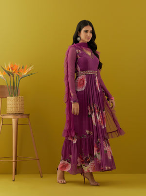 Buy beautiful purple floral georgette Anarkali suit online in USA with dupatta. Dazzle on weddings and special occasions with exquisite Indian designer dresses, sharara suits, Anarkali suits, bridal lehengas, sharara suits from Pure Elegance Indian clothing store in USA.-right