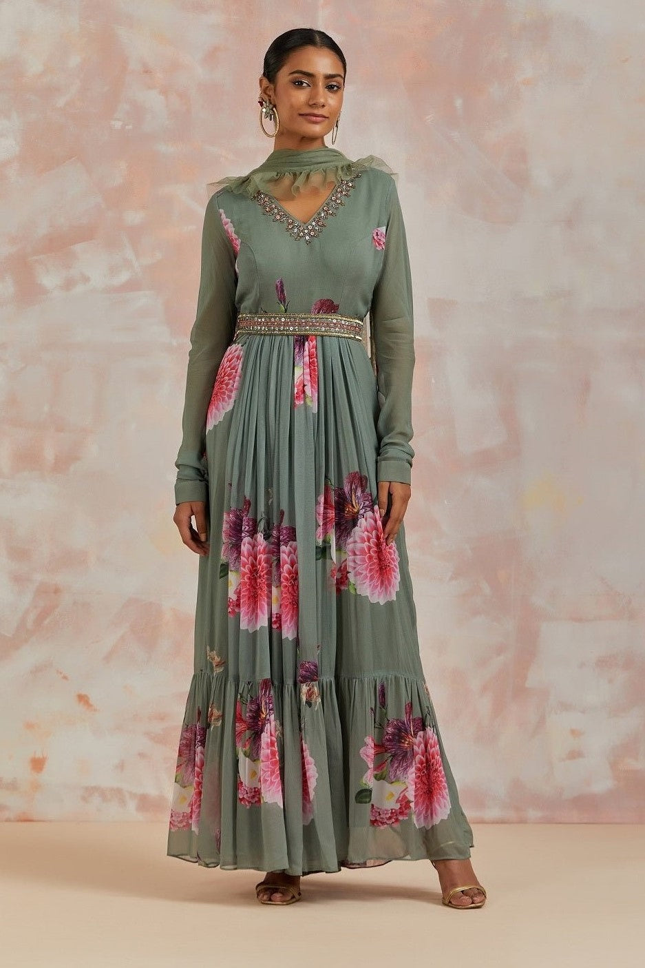 Shop beautiful pista green floral georgette Anarkali suit online in USA with dupatta. Dazzle on weddings and special occasions with exquisite Indian designer dresses, sharara suits, Anarkali suits, bridal lehengas, sharara suits from Pure Elegance Indian clothing store in USA.-full view