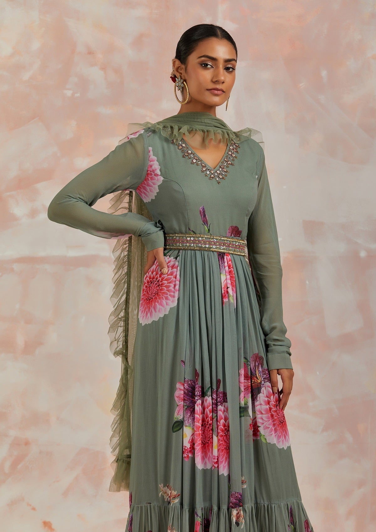 Shop beautiful pista green floral georgette Anarkali suit online in USA with dupatta. Dazzle on weddings and special occasions with exquisite Indian designer dresses, sharara suits, Anarkali suits, bridal lehengas, sharara suits from Pure Elegance Indian clothing store in USA.-closeup