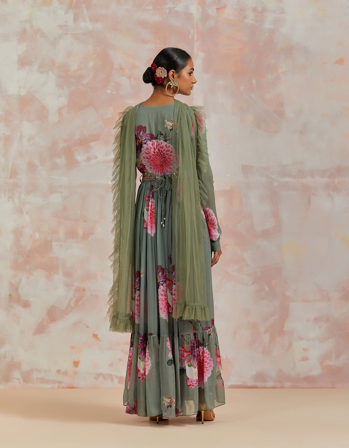 Shop beautiful pista green floral georgette Anarkali suit online in USA with dupatta. Dazzle on weddings and special occasions with exquisite Indian designer dresses, sharara suits, Anarkali suits, bridal lehengas, sharara suits from Pure Elegance Indian clothing store in USA.-back