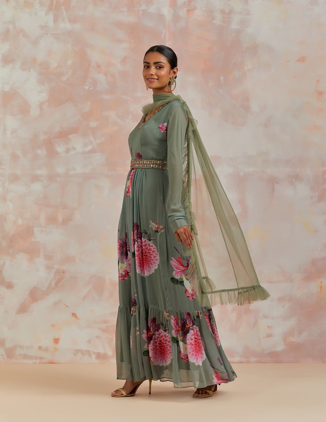 Shop beautiful pista green floral georgette Anarkali suit online in USA with dupatta. Dazzle on weddings and special occasions with exquisite Indian designer dresses, sharara suits, Anarkali suits, bridal lehengas, sharara suits from Pure Elegance Indian clothing store in USA.-side
