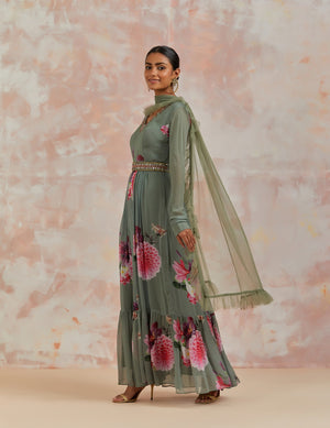Shop beautiful pista green floral georgette Anarkali suit online in USA with dupatta. Dazzle on weddings and special occasions with exquisite Indian designer dresses, sharara suits, Anarkali suits, bridal lehengas, sharara suits from Pure Elegance Indian clothing store in USA.-side