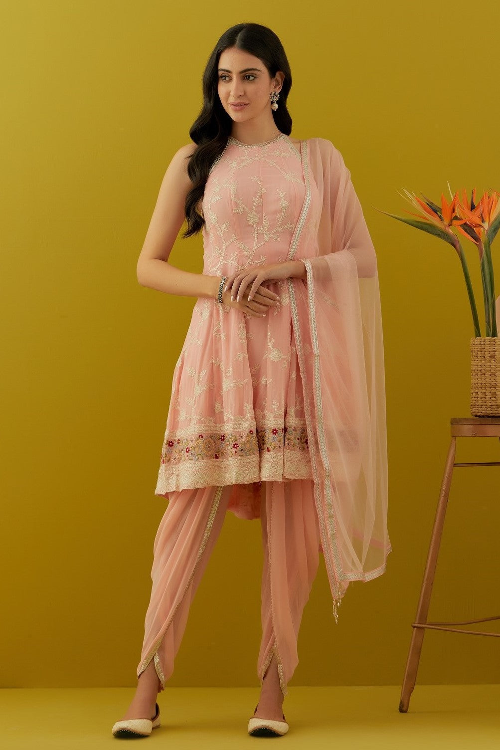 Buy beautiful light pink embroidered georgette dhoti suit online in USA with dupatta. Dazzle on weddings and special occasions with exquisite Indian designer dresses, sharara suits, Anarkali suits, bridal lehengas, sharara suits from Pure Elegance Indian clothing store in USA.-full view
