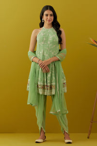 Buy mint green embroidered georgette dhoti suit online in USA with dupatta. Dazzle on weddings and special occasions with exquisite Indian designer dresses, sharara suits, Anarkali suits, bridal lehengas, sharara suits from Pure Elegance Indian clothing store in USA.-full view