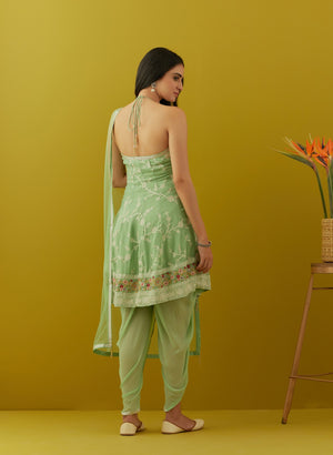 Buy mint green embroidered georgette dhoti suit online in USA with dupatta. Dazzle on weddings and special occasions with exquisite Indian designer dresses, sharara suits, Anarkali suits, bridal lehengas, sharara suits from Pure Elegance Indian clothing store in USA.-back