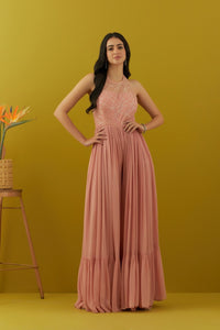 Buy salmon pink sequin embroidery jumpsuit online in USA. Dazzle on weddings and special occasions with exquisite Indian designer dresses, sharara suits, Anarkali suits, bridal lehengas, sharara suits from Pure Elegance Indian clothing store in USA.-full view