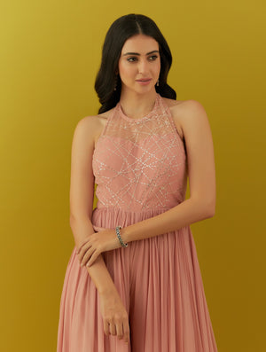 Buy salmon pink sequin embroidery jumpsuit online in USA. Dazzle on weddings and special occasions with exquisite Indian designer dresses, sharara suits, Anarkali suits, bridal lehengas, sharara suits from Pure Elegance Indian clothing store in USA.-closeup