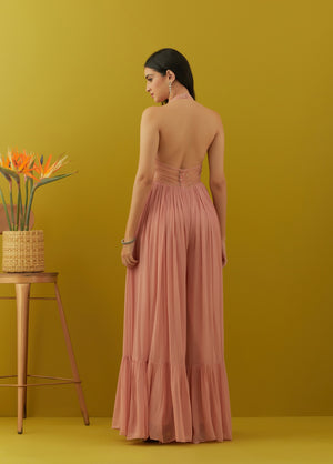Buy salmon pink sequin embroidery jumpsuit online in USA. Dazzle on weddings and special occasions with exquisite Indian designer dresses, sharara suits, Anarkali suits, bridal lehengas, sharara suits from Pure Elegance Indian clothing store in USA.-back
