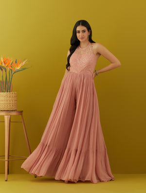 Buy salmon pink sequin embroidery jumpsuit online in USA. Dazzle on weddings and special occasions with exquisite Indian designer dresses, sharara suits, Anarkali suits, bridal lehengas, sharara suits from Pure Elegance Indian clothing store in USA.-jumpsuit