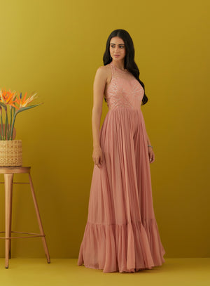 Buy salmon pink sequin embroidery jumpsuit online in USA. Dazzle on weddings and special occasions with exquisite Indian designer dresses, sharara suits, Anarkali suits, bridal lehengas, sharara suits from Pure Elegance Indian clothing store in USA.-side