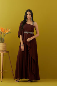 Shop beautiful wine asymmetric jumpsuit online in USA with embroidered belt. Dazzle on weddings and special occasions with exquisite Indian designer dresses, sharara suits, Anarkali suits, bridal lehengas, sharara suits from Pure Elegance Indian clothing store in USA.-full view