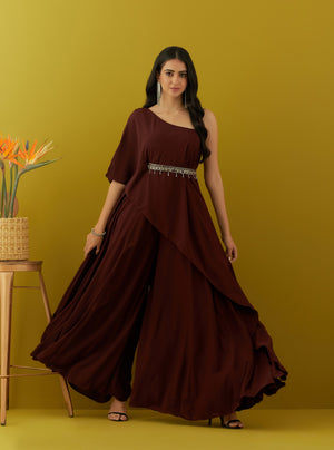 Shop beautiful wine asymmetric jumpsuit online in USA with embroidered belt. Dazzle on weddings and special occasions with exquisite Indian designer dresses, sharara suits, Anarkali suits, bridal lehengas, sharara suits from Pure Elegance Indian clothing store in USA.-front