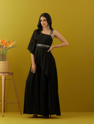 Buy black asymmetric jumpsuit online in USA with embroidered belt. Dazzle on weddings and special occasions with exquisite Indian designer dresses, sharara suits, Anarkali suits, bridal lehengas, sharara suits from Pure Elegance Indian clothing store in USA.-side