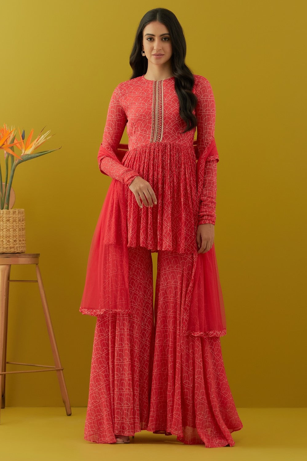 Buy red printed chinon sharara suit online in USA with dupatta. Dazzle on weddings and special occasions with exquisite Indian designer dresses, sharara suits, Anarkali suits, bridal lehengas, sharara suits from Pure Elegance Indian clothing store in USA.-full view