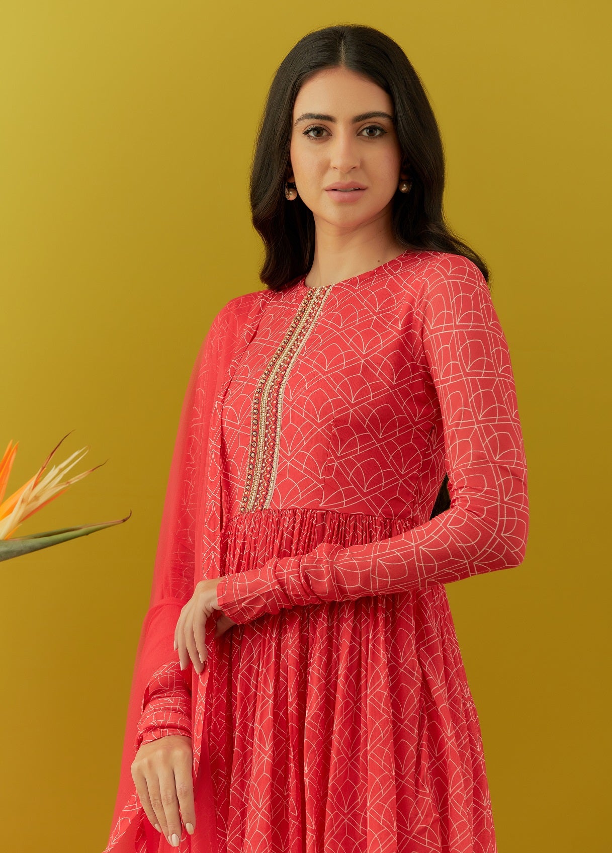 Buy red printed chinon sharara suit online in USA with dupatta. Dazzle on weddings and special occasions with exquisite Indian designer dresses, sharara suits, Anarkali suits, bridal lehengas, sharara suits from Pure Elegance Indian clothing store in USA.-closeup