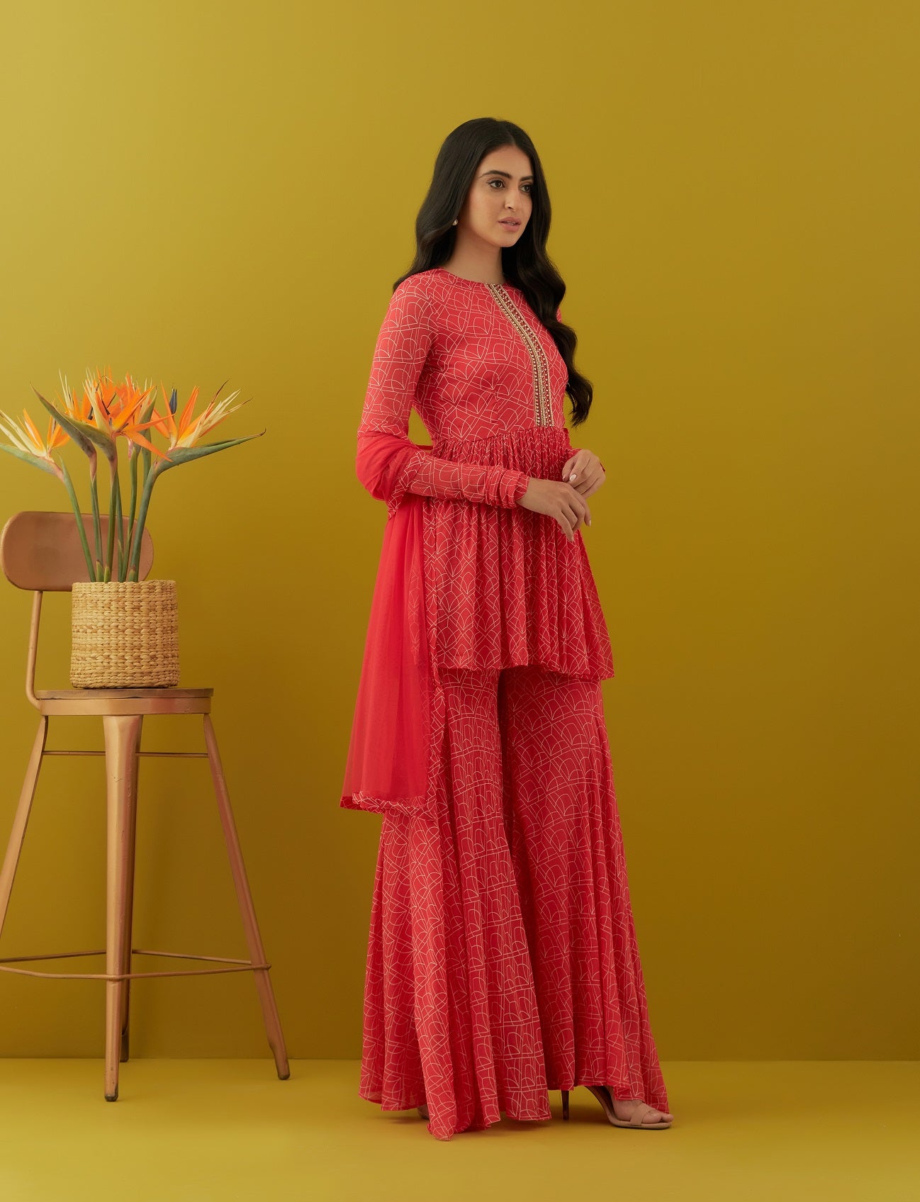 Buy red printed chinon sharara suit online in USA with dupatta. Dazzle on weddings and special occasions with exquisite Indian designer dresses, sharara suits, Anarkali suits, bridal lehengas, sharara suits from Pure Elegance Indian clothing store in USA.-side