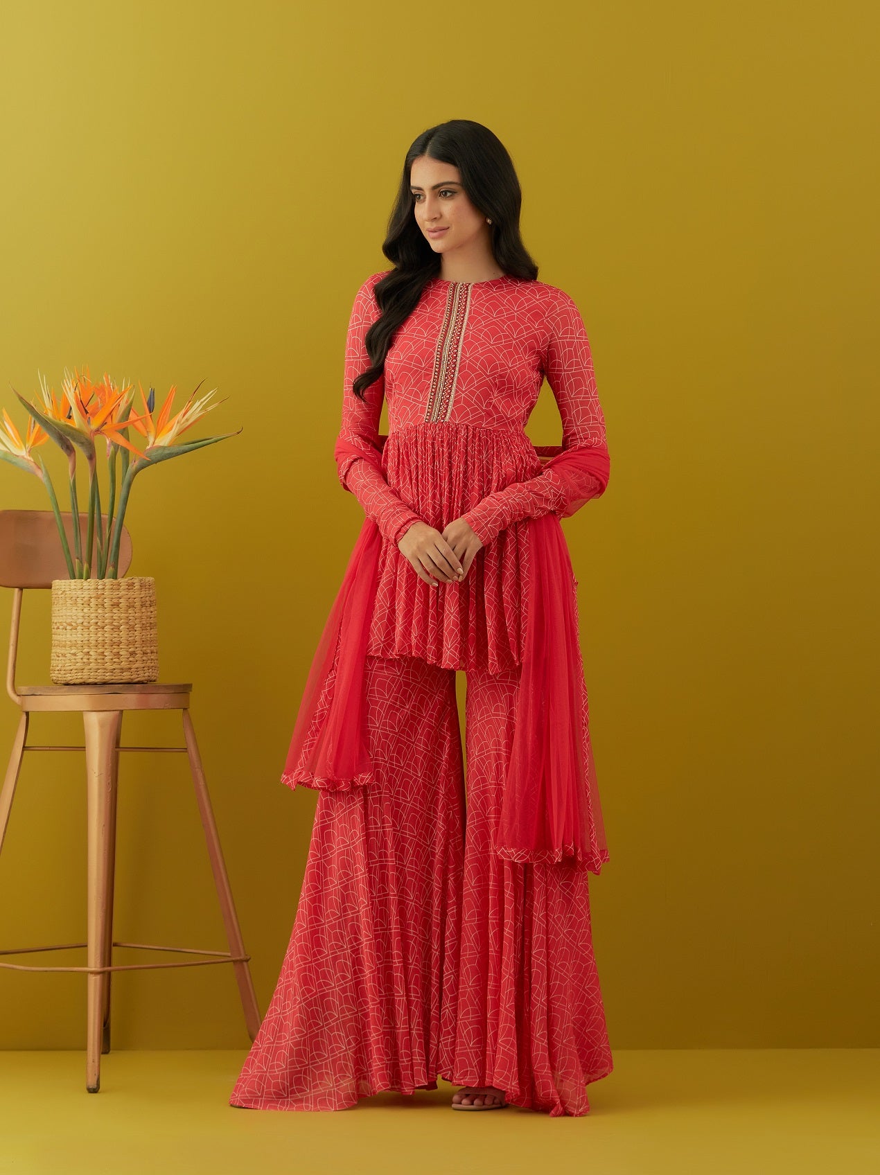 Buy red printed chinon sharara suit online in USA with dupatta. Dazzle on weddings and special occasions with exquisite Indian designer dresses, sharara suits, Anarkali suits, bridal lehengas, sharara suits from Pure Elegance Indian clothing store in USA.-sharara