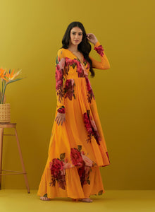 Shop beautiful yellow printed chinon kurta online in USA with sharara. Dazzle on weddings and special occasions with exquisite Indian designer dresses, sharara suits, Anarkali suits, bridal lehengas, sharara suits from Pure Elegance Indian clothing store in USA.-full view