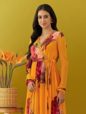 Shop beautiful yellow printed chinon kurta online in USA with sharara. Dazzle on weddings and special occasions with exquisite Indian designer dresses, sharara suits, Anarkali suits, bridal lehengas, sharara suits from Pure Elegance Indian clothing store in USA.-closeup