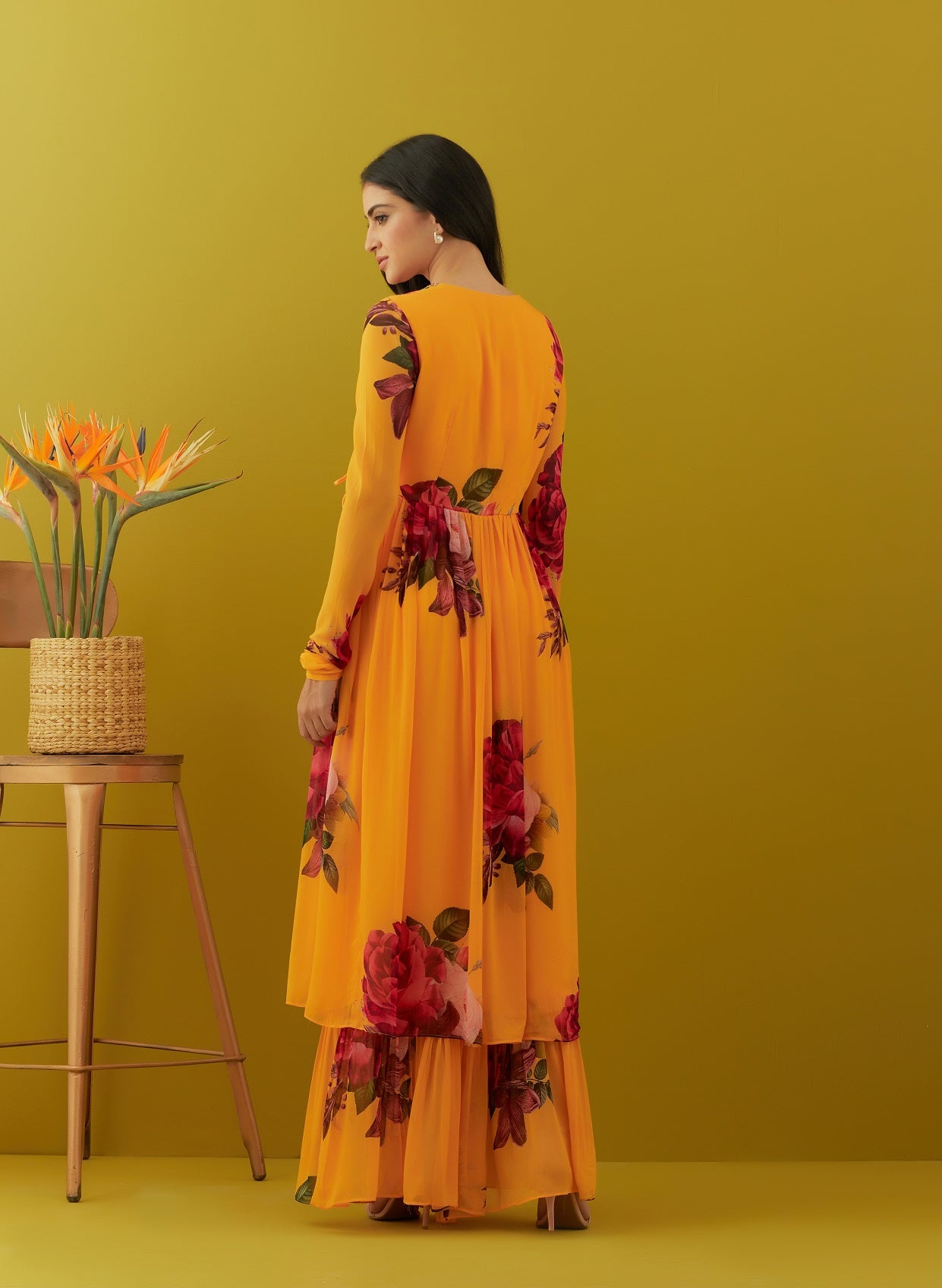Shop beautiful yellow printed chinon kurta online in USA with sharara. Dazzle on weddings and special occasions with exquisite Indian designer dresses, sharara suits, Anarkali suits, bridal lehengas, sharara suits from Pure Elegance Indian clothing store in USA.-back