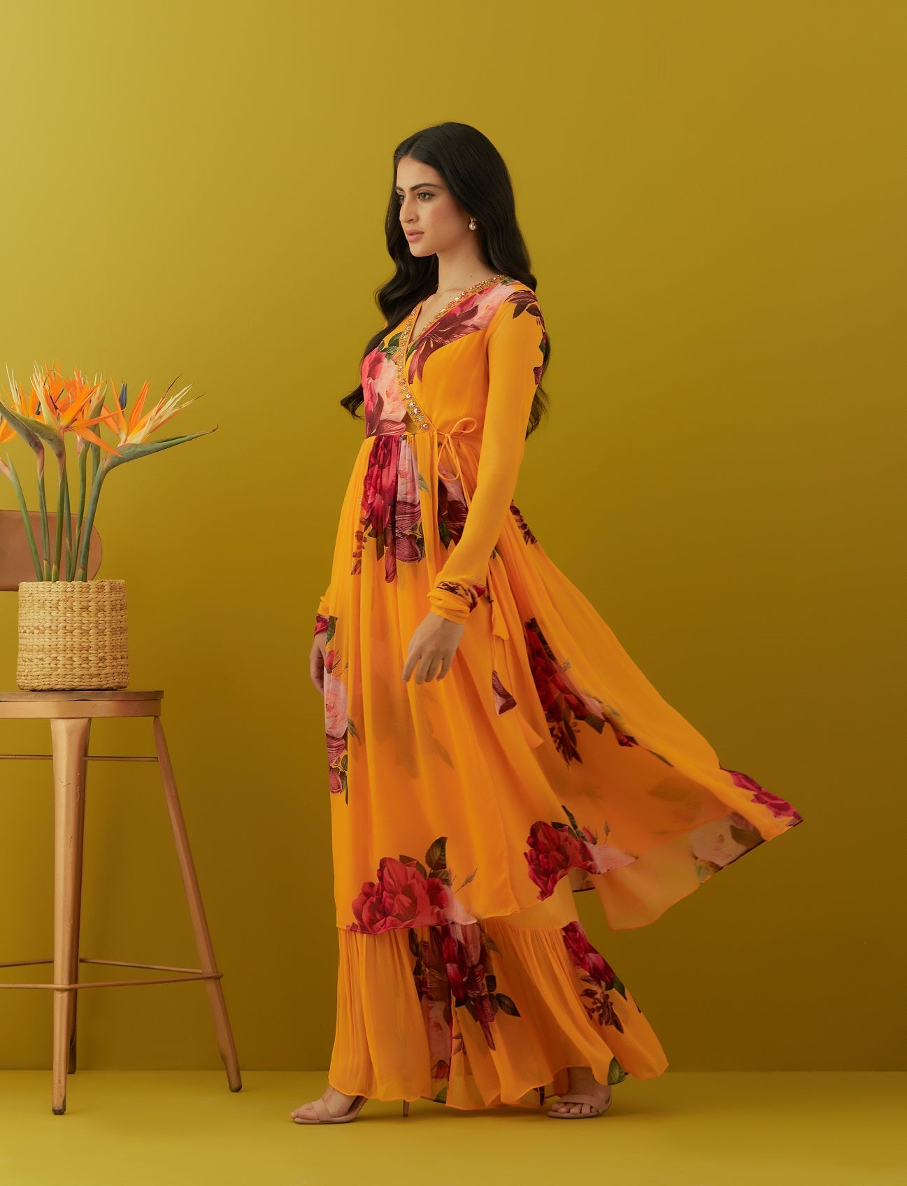 Shop beautiful yellow printed chinon kurta online in USA with sharara. Dazzle on weddings and special occasions with exquisite Indian designer dresses, sharara suits, Anarkali suits, bridal lehengas, sharara suits from Pure Elegance Indian clothing store in USA.-side