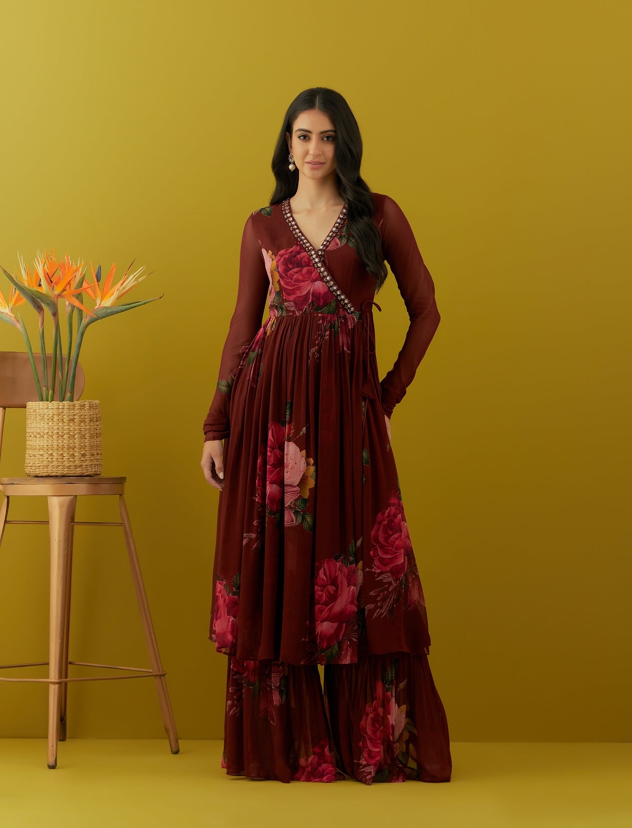 Buy beautiful maroon printed chinon kurta online in USA with sharara. Dazzle on weddings and special occasions with exquisite Indian designer dresses, sharara suits, Anarkali suits, bridal lehengas, sharara suits from Pure Elegance Indian clothing store in USA.-full view