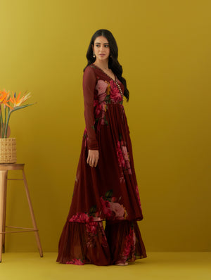 Buy beautiful maroon printed chinon kurta online in USA with sharara. Dazzle on weddings and special occasions with exquisite Indian designer dresses, sharara suits, Anarkali suits, bridal lehengas, sharara suits from Pure Elegance Indian clothing store in USA.-sharara
