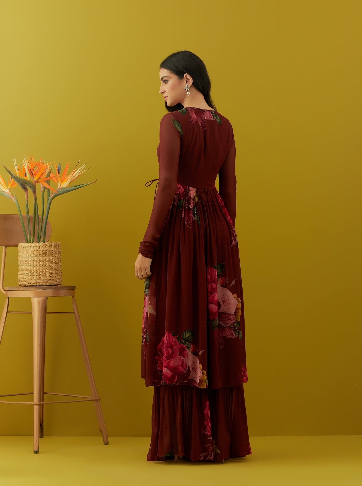 Buy beautiful maroon printed chinon kurta online in USA with sharara. Dazzle on weddings and special occasions with exquisite Indian designer dresses, sharara suits, Anarkali suits, bridal lehengas, sharara suits from Pure Elegance Indian clothing store in USA.-back
