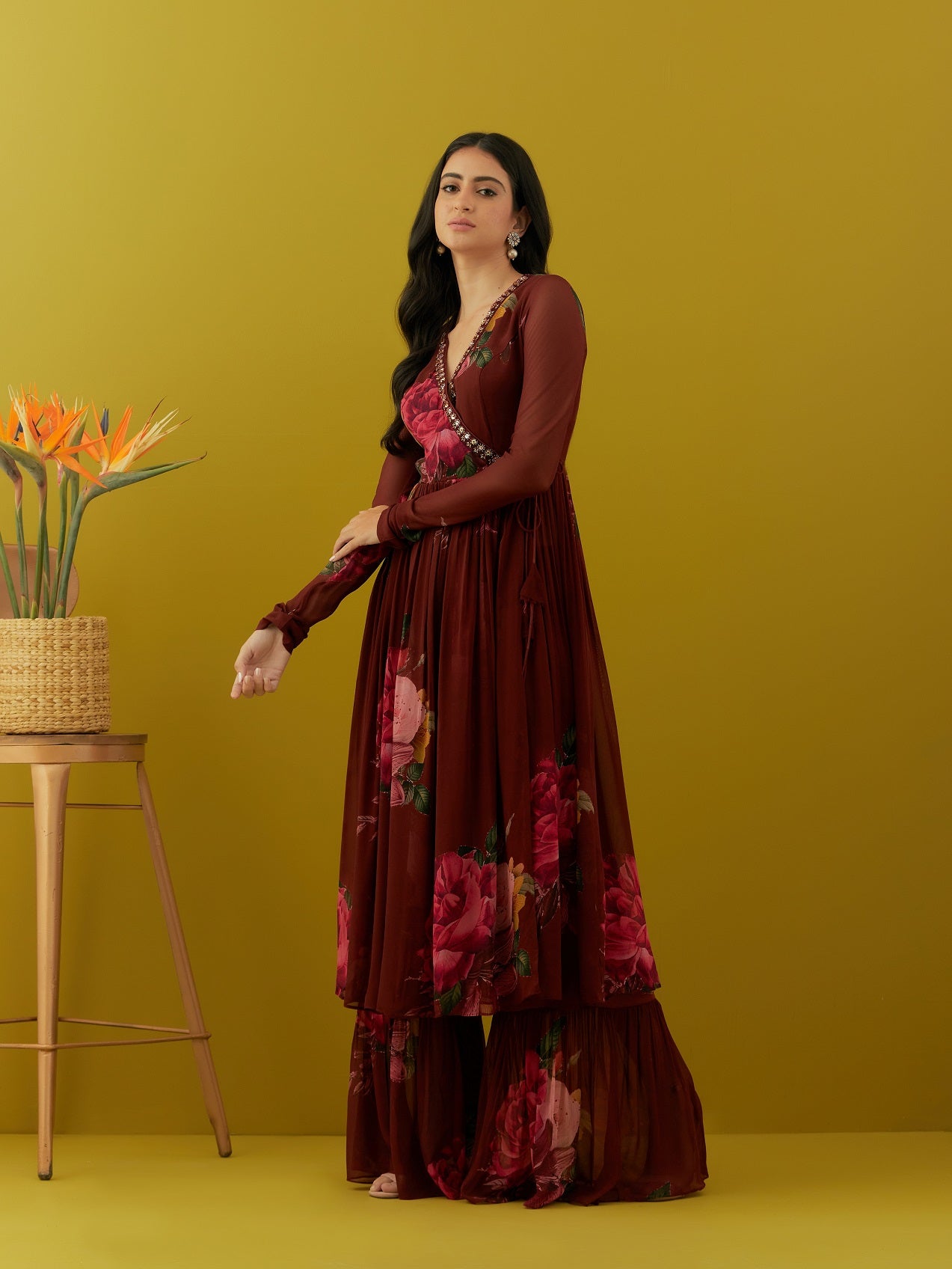 Buy beautiful maroon printed chinon kurta online in USA with sharara. Dazzle on weddings and special occasions with exquisite Indian designer dresses, sharara suits, Anarkali suits, bridal lehengas, sharara suits from Pure Elegance Indian clothing store in USA.-left