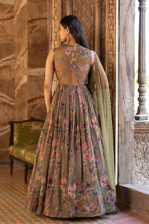 Buy beautiful olive green floral embroidered Anarkali online in USA with dupatta. Dazzle on weddings and special occasions with exquisite Indian designer dresses, sharara suits, Anarkali suits, bridal lehengas, sharara suits from Pure Elegance Indian clothing store in USA.-back