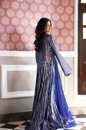 Shop beautiful blue embroidered crop top with sharara online in USA with jacket. Dazzle on weddings and special occasions with exquisite Indian designer dresses, sharara suits, Anarkali suits, bridal lehengas, sharara suits from Pure Elegance Indian clothing store in USA.-back