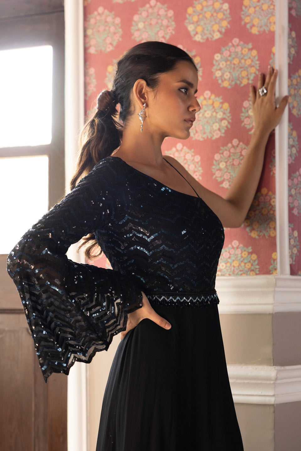 Buy Black Sequined One Sided Shoulder Designer Gown Online in USA – Pure  Elegance