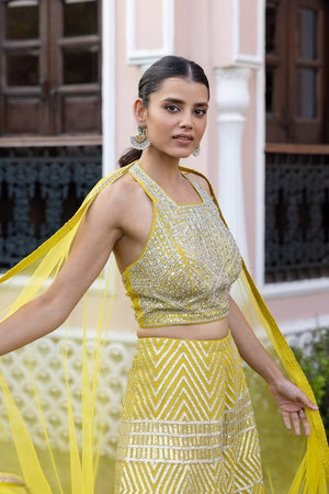 Shop lime green halter neck top online in USA with gota work pants. Dazzle on weddings and special occasions with exquisite Indian designer dresses, sharara suits, Anarkali suits, bridal lehengas, sharara suits from Pure Elegance Indian clothing store in USA.-blouse
