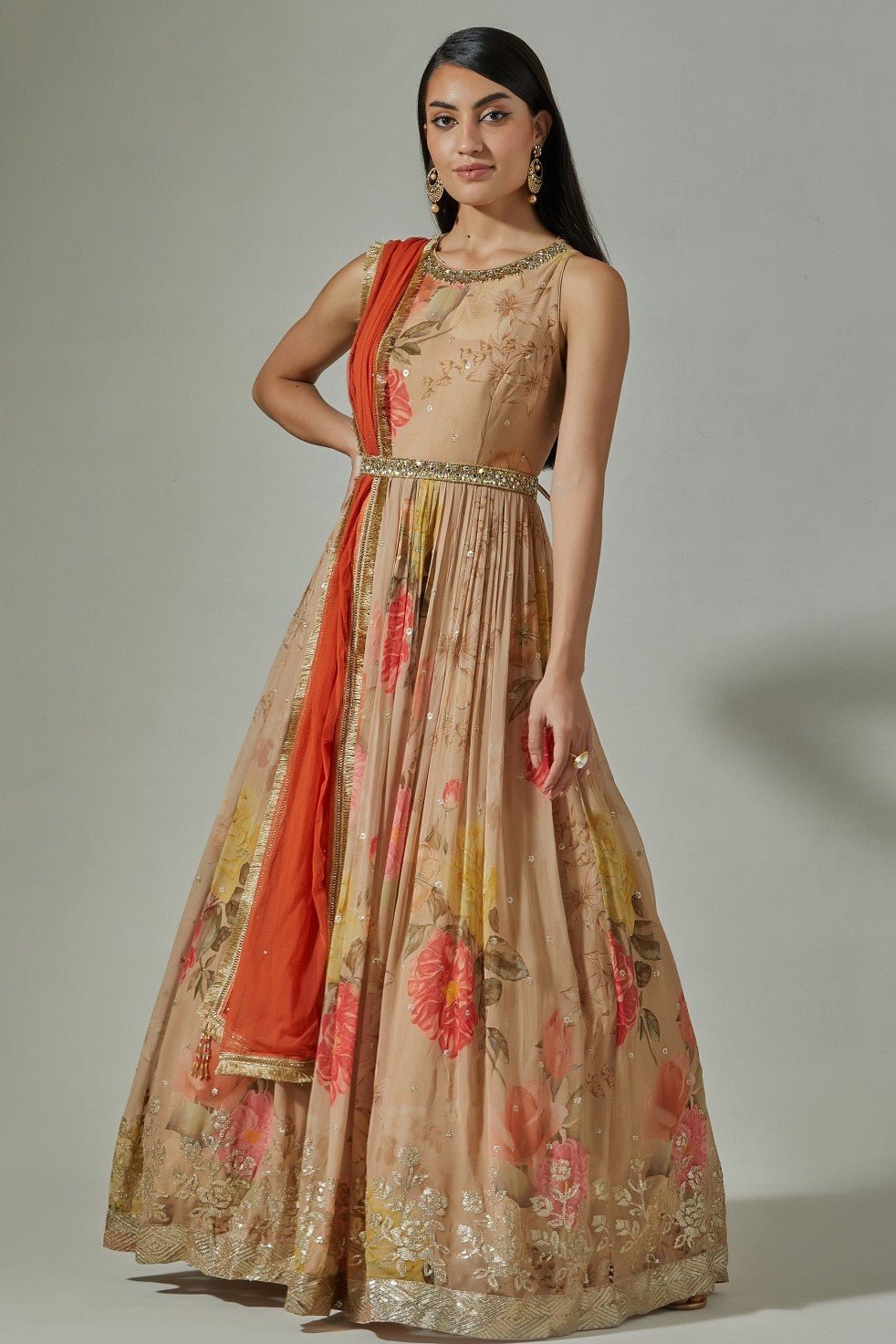 Buy beige printed Anarkali online in USA with embroidered belt. Dazzle on weddings and special occasions with exquisite Indian designer dresses, sharara suits, Anarkali suits, wedding lehengas from Pure Elegance Indian fashion store in USA.-side