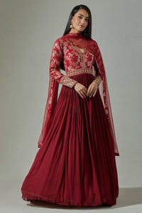 Buy beautiful maroon georgette Anarkali online in USA with embroidered Banarasi yoke. Dazzle on weddings and special occasions with exquisite Indian designer dresses, sharara suits, Anarkali suits, wedding lehengas from Pure Elegance Indian fashion store in USA.-full view