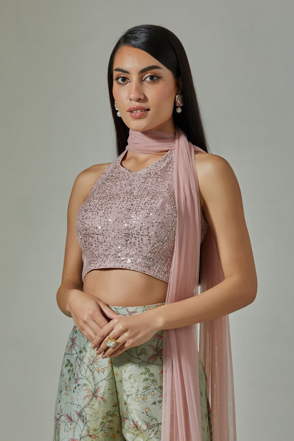 Buy beautiful pink sequin and green printed sharara suit online in USA with dupatta. Dazzle on weddings and special occasions with exquisite Indian designer dresses, sharara suits, Anarkali suits, wedding lehengas from Pure Elegance Indian fashion store in USA.-closeup