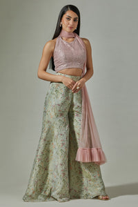 Buy beautiful pink sequin and green printed sharara suit online in USA with dupatta. Dazzle on weddings and special occasions with exquisite Indian designer dresses, sharara suits, Anarkali suits, wedding lehengas from Pure Elegance Indian fashion store in USA.-full view
