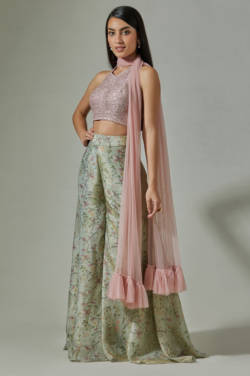 Buy beautiful pink sequin and green printed sharara suit online in USA with dupatta. Dazzle on weddings and special occasions with exquisite Indian designer dresses, sharara suits, Anarkali suits, wedding lehengas from Pure Elegance Indian fashion store in USA.-side