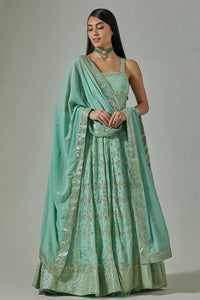 Buy beautiful sea green embroidered floorlength Anarkali suit online in USA. Dazzle on weddings and special occasions with exquisite Indian designer dresses, sharara suits, Anarkali suits, wedding lehengas from Pure Elegance Indian fashion store in USA.-full view