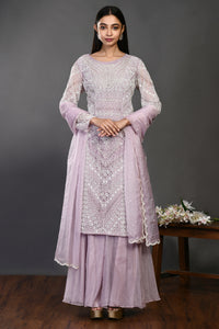 Buy lilac pearl and cutdana work organza sharara suit online in USA with dupatta. Dazzle on weddings and special occasions with exquisite Indian designer dresses, sharara suits, Anarkali suits, wedding lehengas from Pure Elegance Indian fashion store in USA.-full view