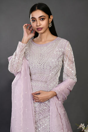 Buy lilac pearl and cutdana work organza sharara suit online in USA with dupatta. Dazzle on weddings and special occasions with exquisite Indian designer dresses, sharara suits, Anarkali suits, wedding lehengas from Pure Elegance Indian fashion store in USA.-closeup