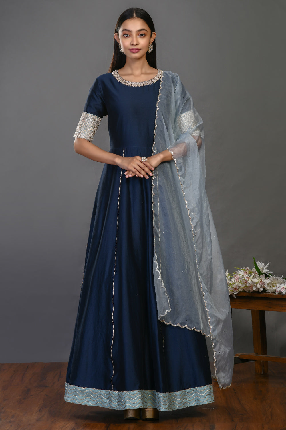 Shop navy blue floorlength chanderi Anarkali suit online in USA with dupatta. Dazzle on weddings and special occasions with exquisite Indian designer dresses, sharara suits, Anarkali suits, wedding lehengas from Pure Elegance Indian fashion store in USA.-full view