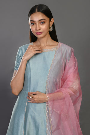 Buy aqua blue floorlength chanderi Anarkali suit online in USA with dupatta. Dazzle on weddings and special occasions with exquisite Indian designer dresses, sharara suits, Anarkali suits, wedding lehengas from Pure Elegance Indian fashion store in USA.-closeup