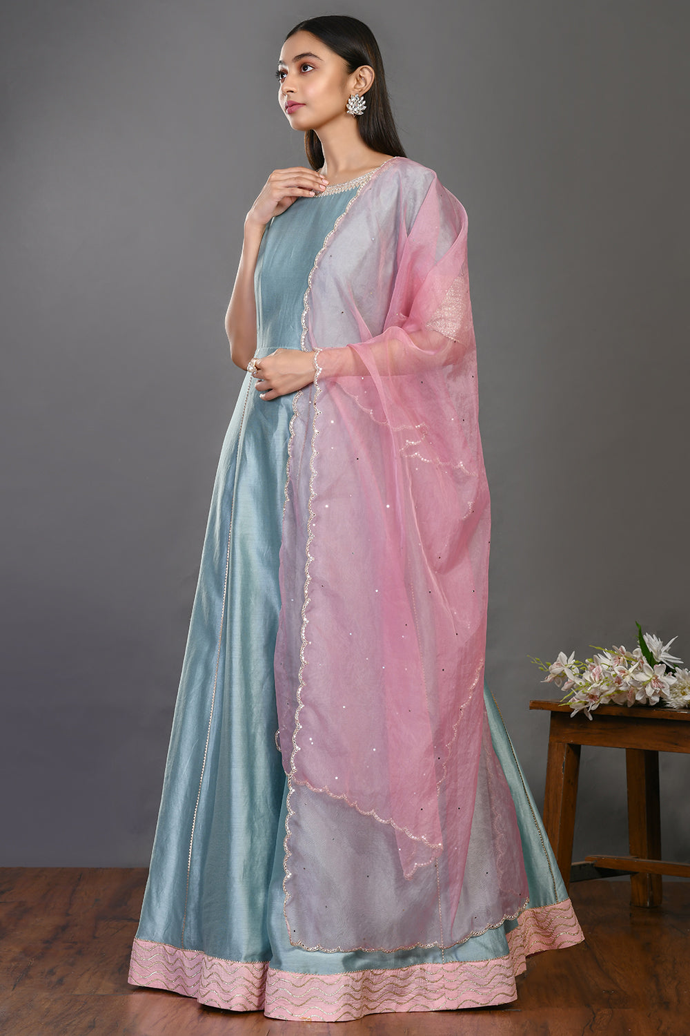 Buy aqua blue floorlength chanderi Anarkali suit online in USA with dupatta. Dazzle on weddings and special occasions with exquisite Indian designer dresses, sharara suits, Anarkali suits, wedding lehengas from Pure Elegance Indian fashion store in USA.-dupatta