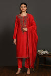 Buy red resham work chanderi suit online in USA with cotton dupatta. Dazzle on weddings and special occasions with exquisite Indian designer dresses, sharara suits, Anarkali suits, wedding lehengas from Pure Elegance Indian fashion store in USA.-full view