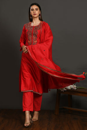Buy Rose Red Gota Embroidery Chanderi Suit with Dupatta Online in USA –  Pure Elegance