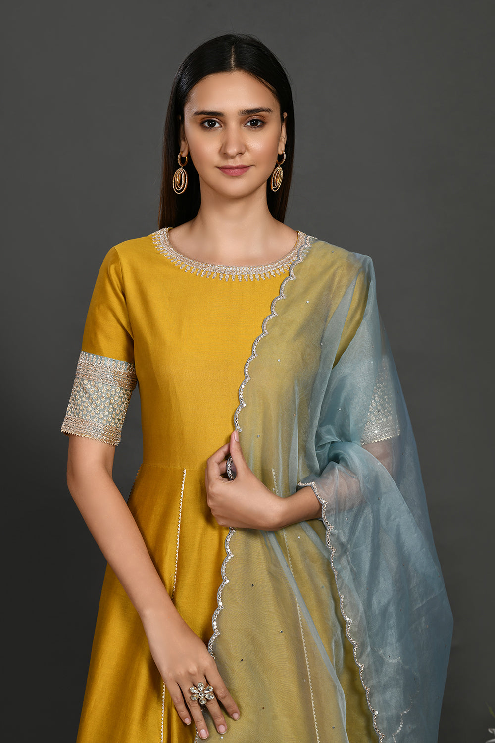 Buy yellow floorlength chanderi Anarkali online in USA with blue dupatta. Dazzle on weddings and special occasions with exquisite Indian designer dresses, sharara suits, Anarkali suits, wedding lehengas from Pure Elegance Indian fashion store in USA.-closeup