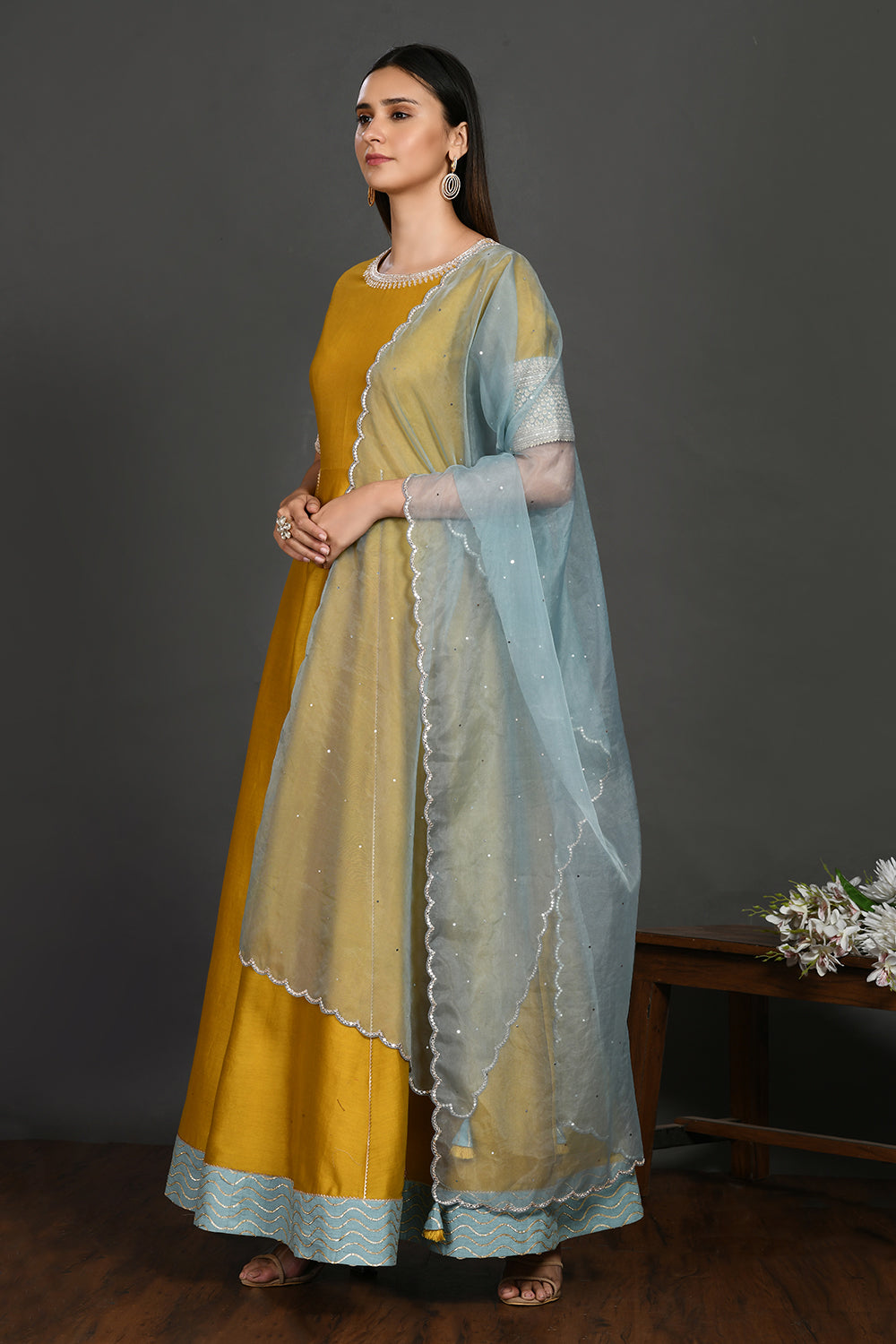 Buy yellow floorlength chanderi Anarkali online in USA with blue dupatta. Dazzle on weddings and special occasions with exquisite Indian designer dresses, sharara suits, Anarkali suits, wedding lehengas from Pure Elegance Indian fashion store in USA.-dupatta