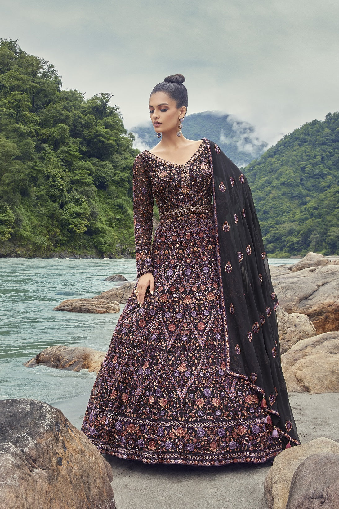 Black Color Chinon Party Wear Gown Ready to Wear Gown With 2 Dupatta in  USA, UK, Malaysia, South Africa, Dubai, Singapore